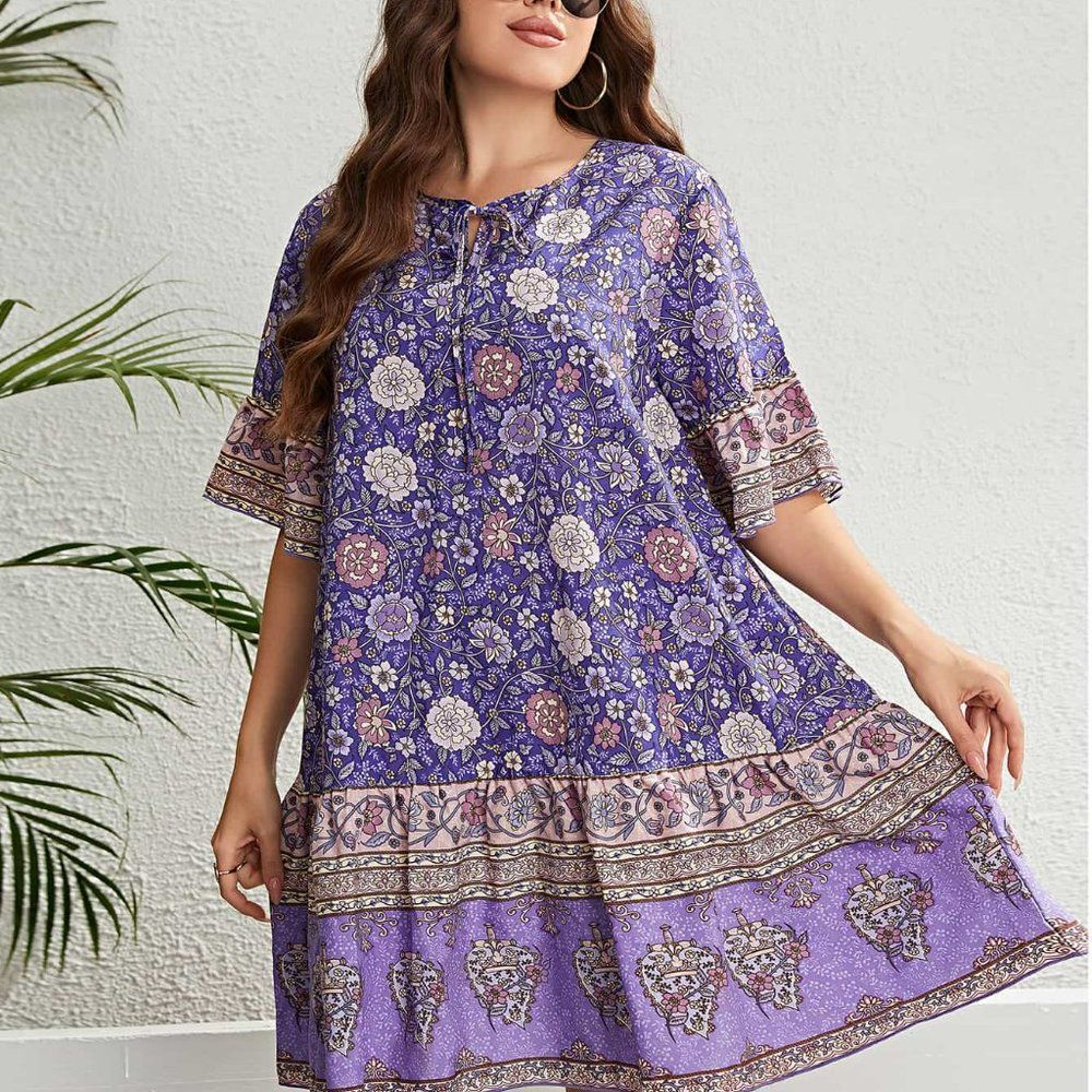 White Label Women's Purple Plus Size Floral Tie Neck Flounce Sleeve Mini Dress - Picture 4 of 6
